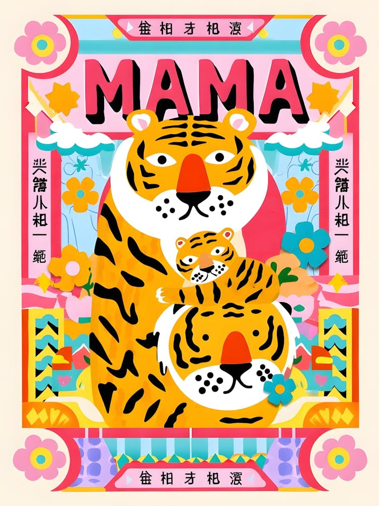 Colorful Mama Tiger and Cub - Vibrant Animal