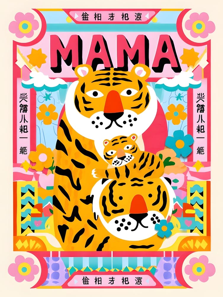 Colorful Mama Tiger and Cub - Vibrant Animal