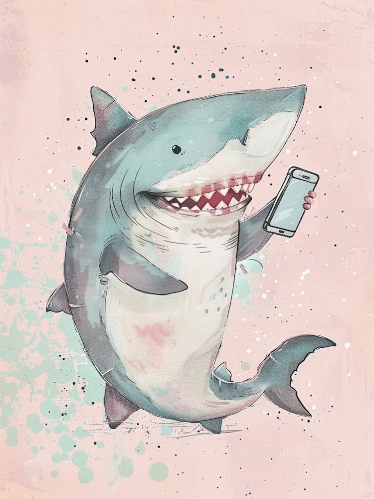 Shark On A Smartphone Pastel Illustration 1