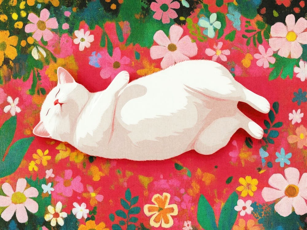 White Cat Sleeping On Colorful Flowers Painting Maximalist Decor Funny Bedroom Wall Art