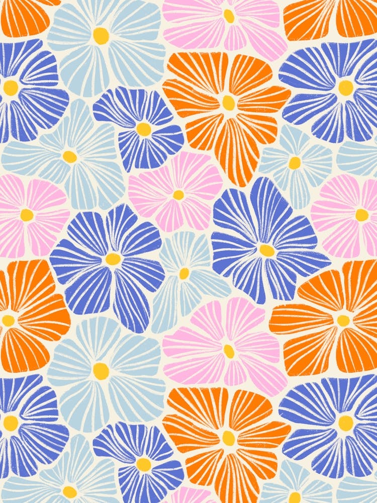 Flower Mosaic Pink Orange Blue Textured Hand Drawn