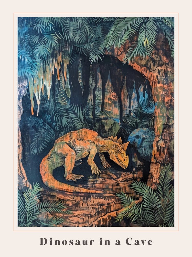 Dinosaur In A Cave With Leaves Painting Poster