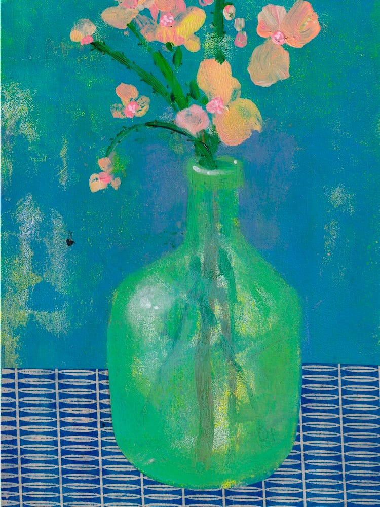 Bouquet Of Wild Flowers In A Green Bottle