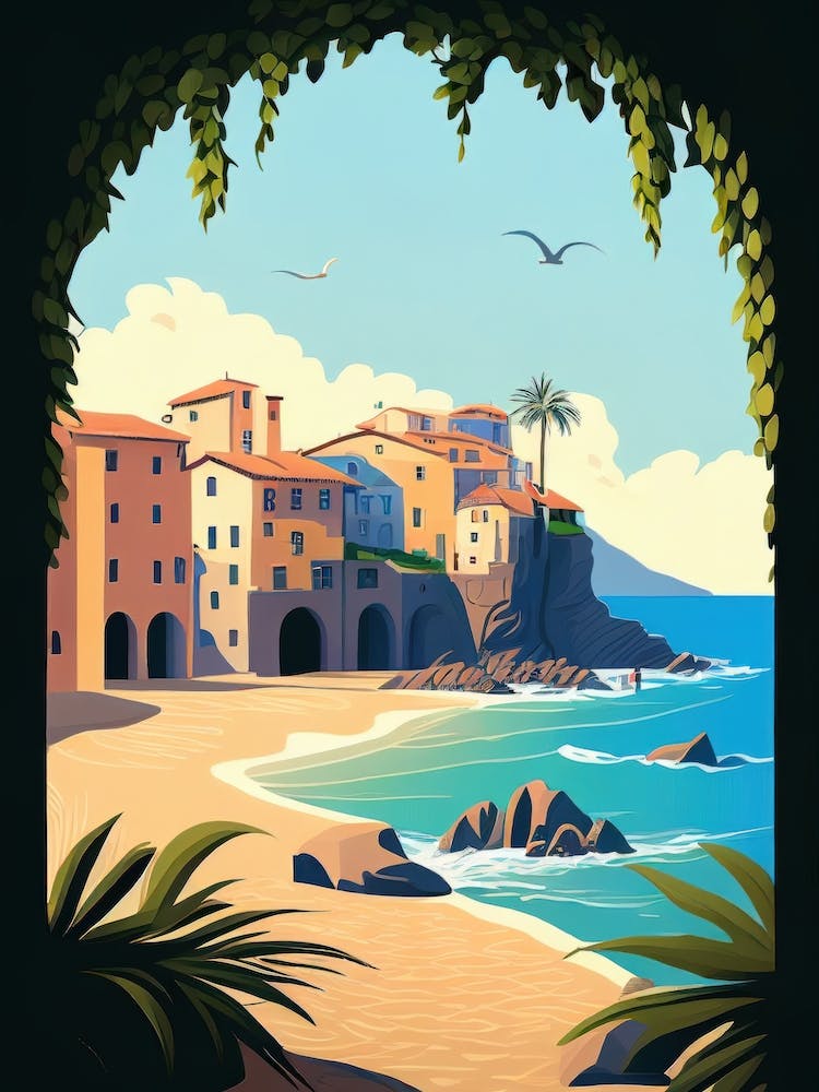 Village In Sicily, Italy - Retro Landscape Beach and Coastal Theme Travel Poster