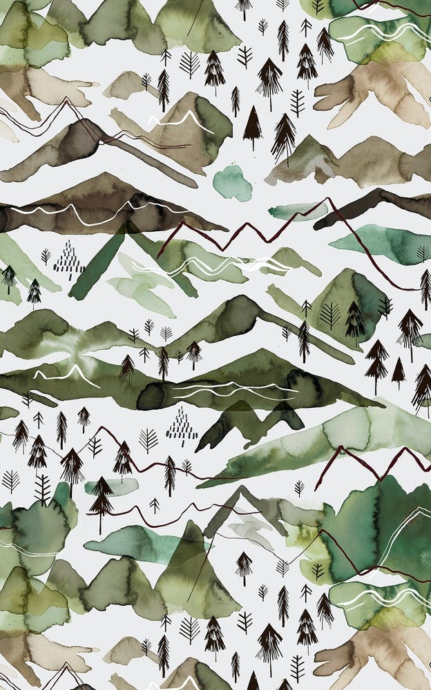 Watercolor Mountains Gold Green