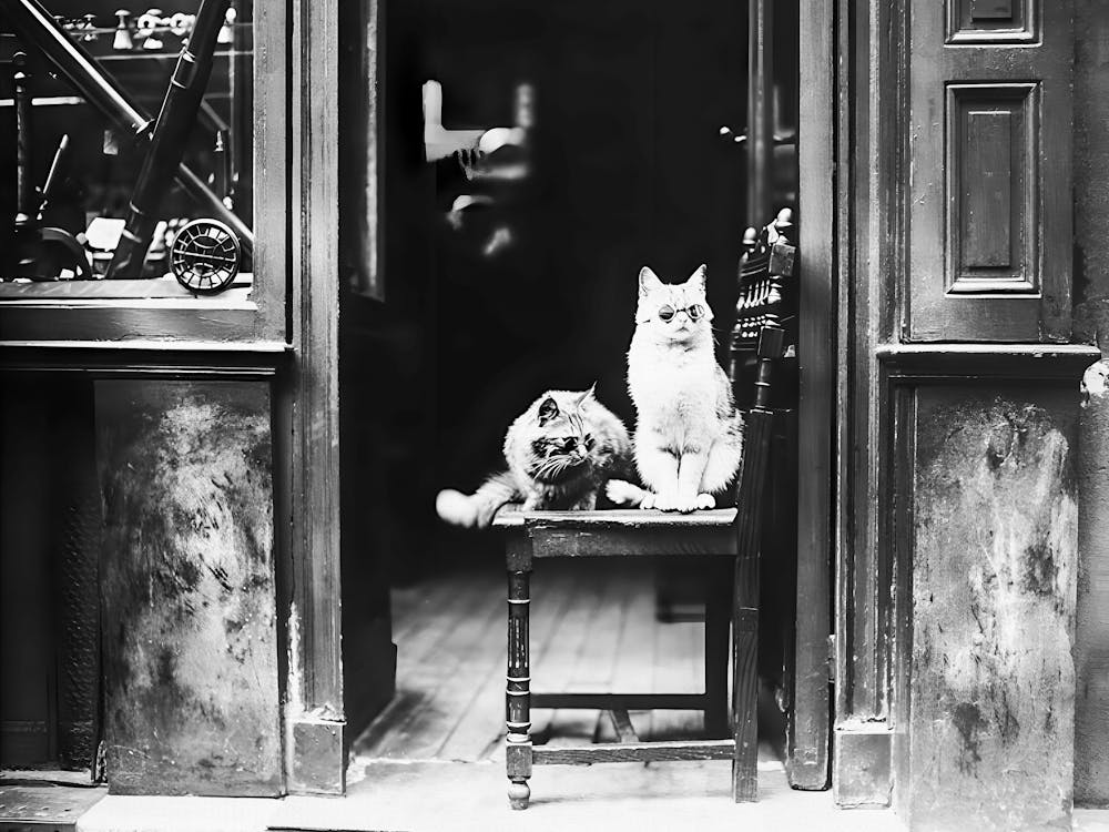 Cats Wearing Sunglasses in Front Of Shop, Vintage Black and White Old Photo