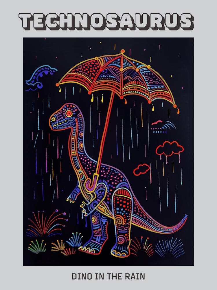Neon Dinosaur With Umbrella In The Rain 1 Poster