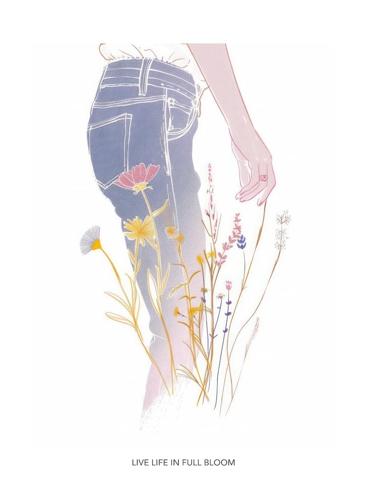 Live Life In Full Bloom Poster Floral Blue Jeans Line Art 2