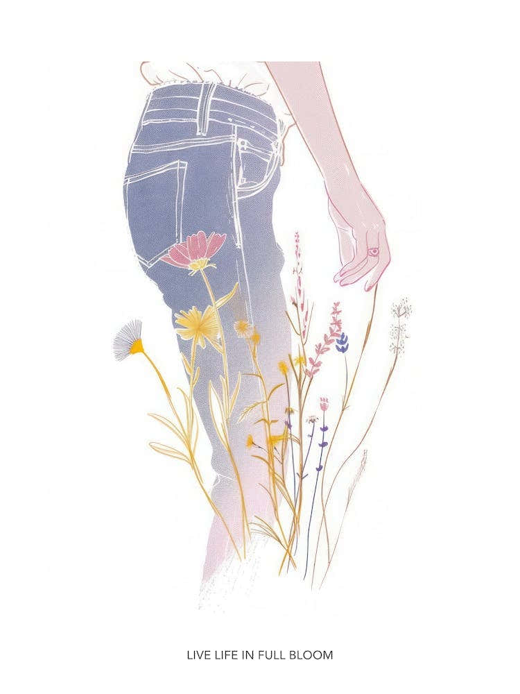 Live Life In Full Bloom Poster Floral Blue Jeans Line Art 2