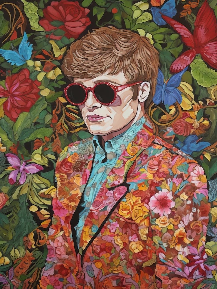 Floral Handpainted Portrait Of Elton John 4