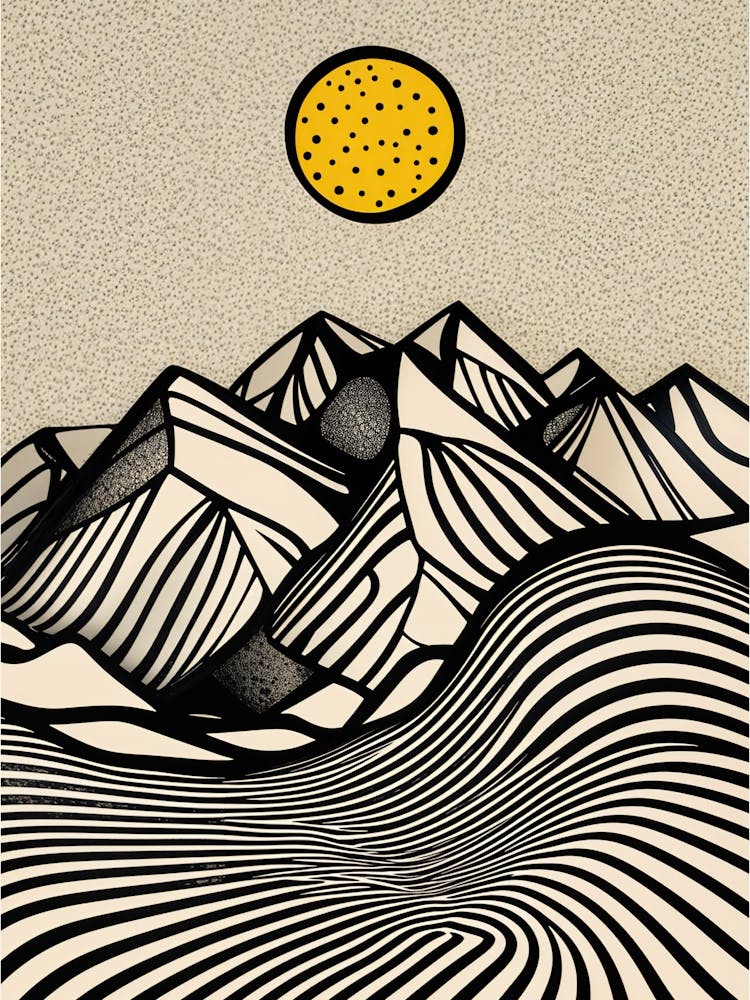 A minimalist pen and ink drawing of a mountainous