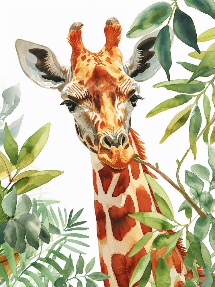 Watercolour Giraffe Head In The Leaves 4