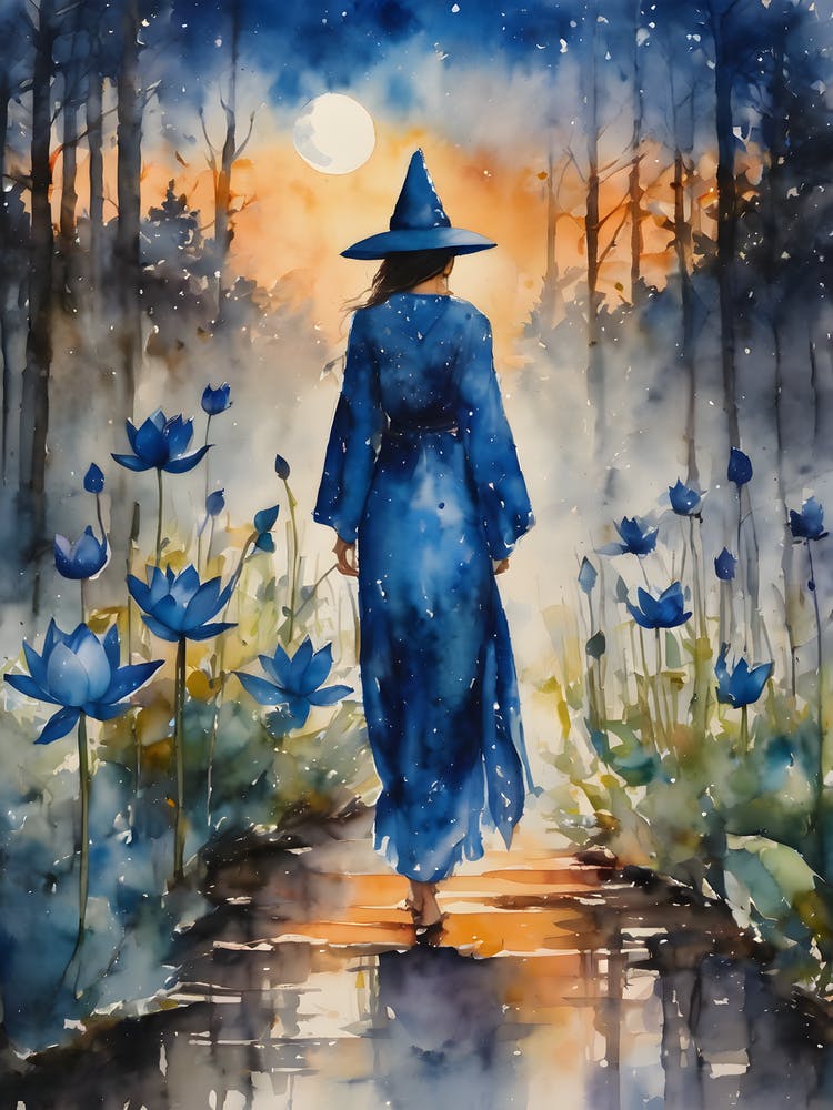 Sorcière au Lotus Bleu ~ Sorcellerie de la Lune Bleue Sorcellerie de Conte de Fées Esprit Sacré Peinture à l'Aquarelle Chine Yoga Méditation Sorcières Spirituelles Peinture Mystique