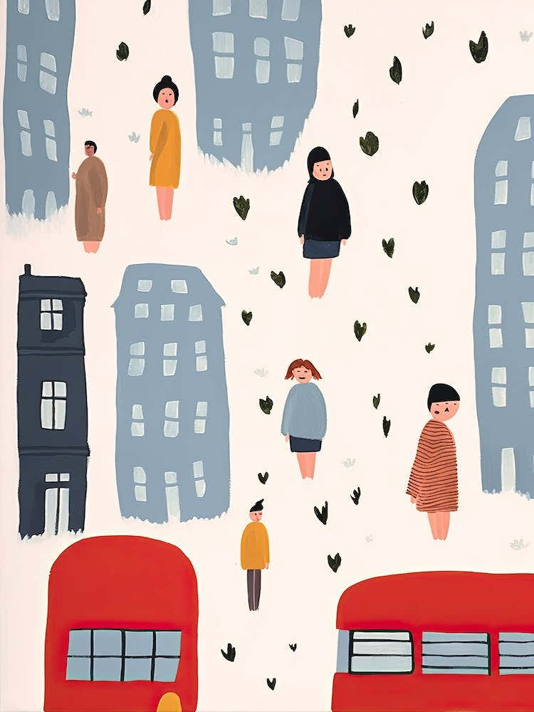 London Spring Red Bus Scene, Tiny People And Illustration