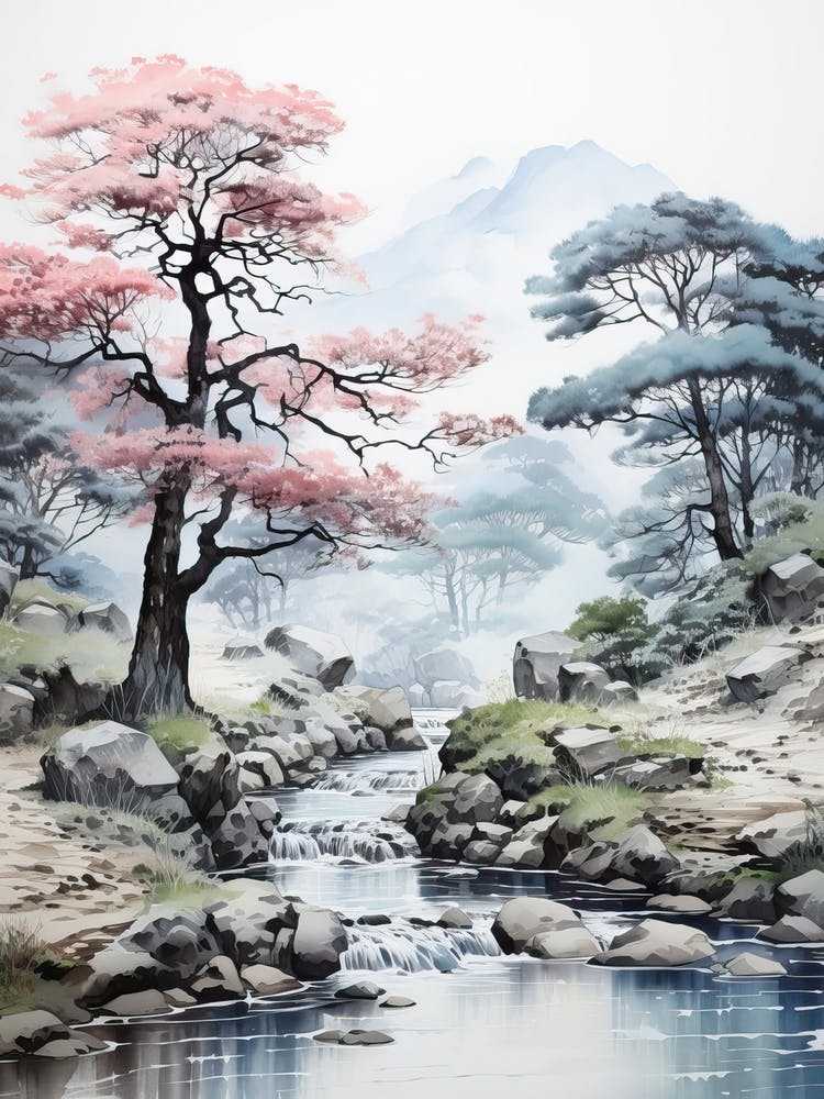 Kamikochi In Nagano, Japanese Brush Painting, Ukiyo E, Minimal 3