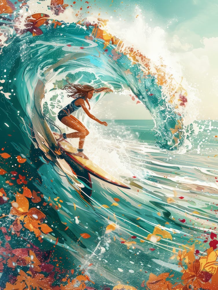 Surfer Girl Riding A Wave Summer Art Print by Happy Mouse Studio – Fy!