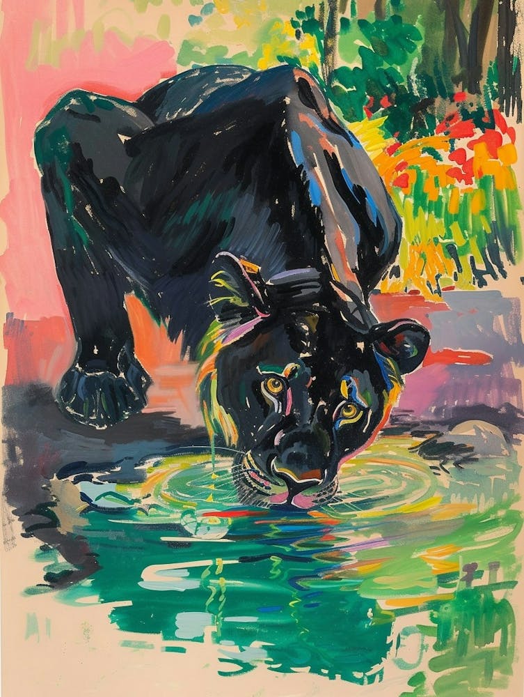 Black Lion Drinking From A Watering Hole Fauvist Painting 1