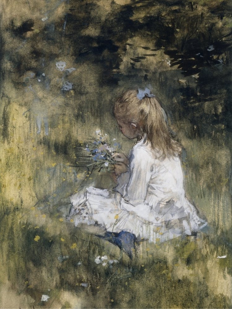 A Girl with Flowers on the Grass art print