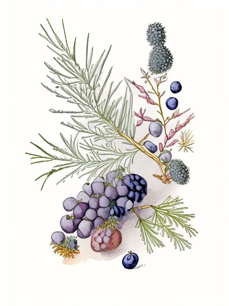 Baies de Genévrier Épices et Herbes Illustration au Crayon 3
