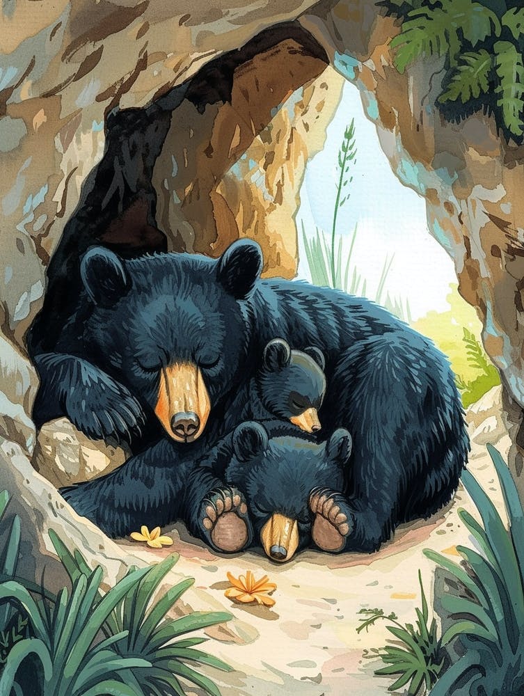 American Black Bear Family Sleeping In A Cave Storybook Illustration 4