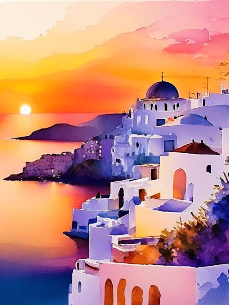 Santorini Greece Water Colour Sunset 2