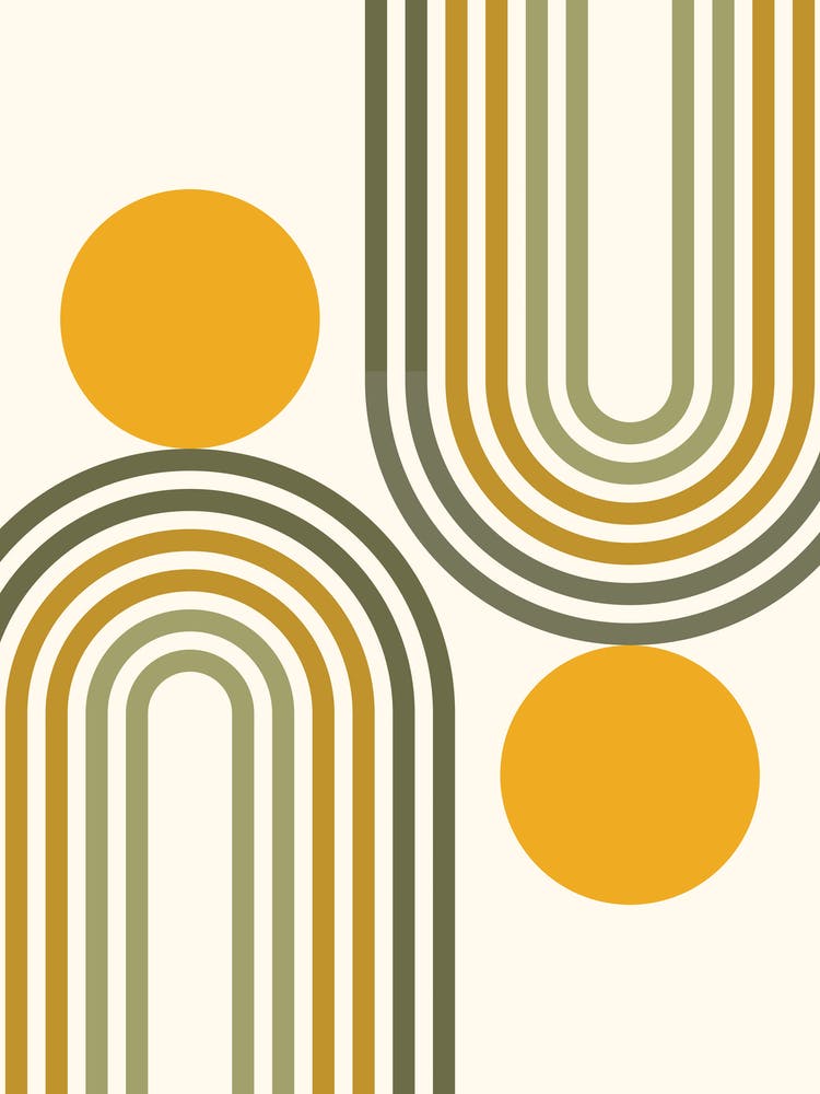Mid Century Modern Geometric in retro gold sage green greenery (Rainbow and Sun Abstract Design)