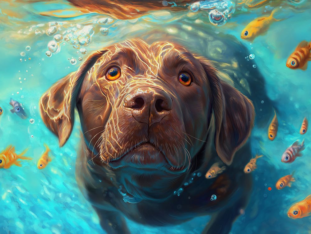 A Cute Chocolate Labrador Swimming Under The Water