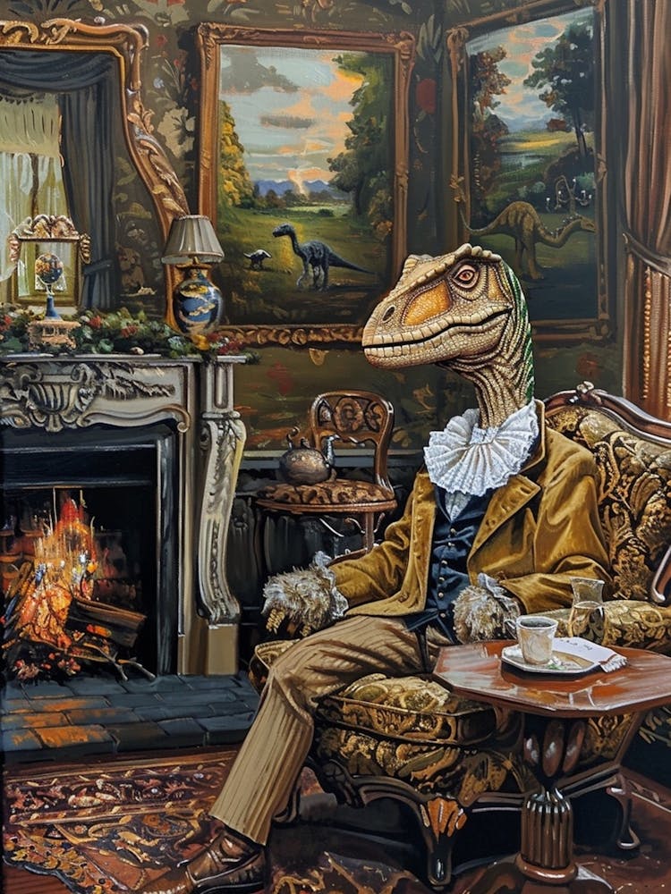 Dinosaur In A Victorian House Painting 1