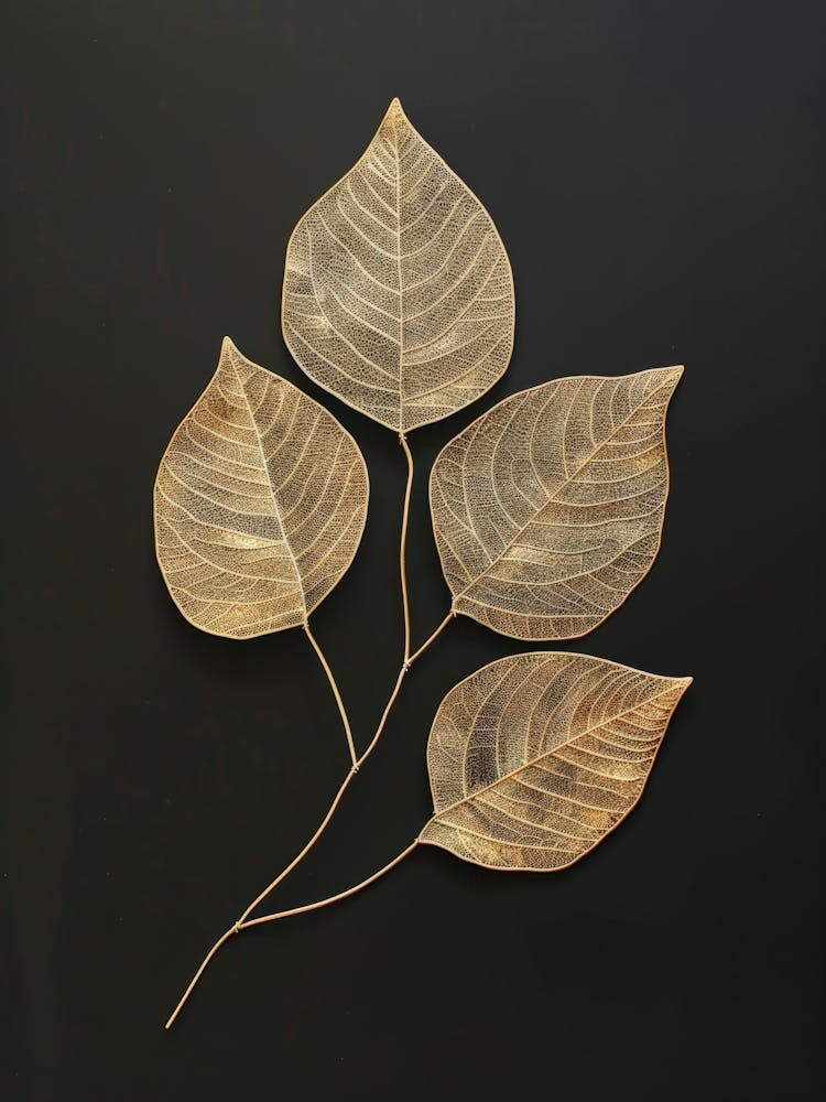 Three Leaves On A Black Surface
