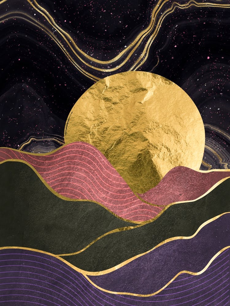Gold And Purple Mountains - Gold landscape with moon #3