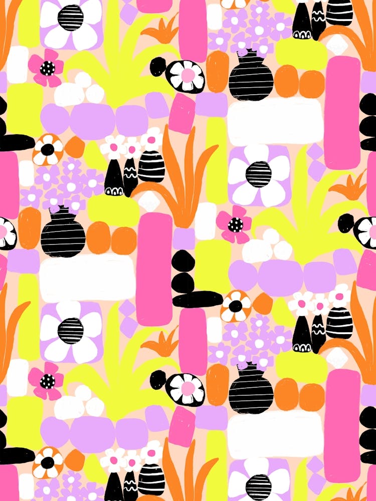 Rosa, Lila, Gelb, Orange Botanischer Papier-Ausschnitt und Doodle Mod Art Collage