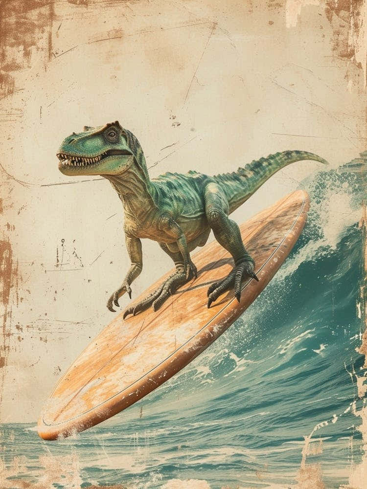 Vintage Baryonyx Dinosaur On A Surf Board              3