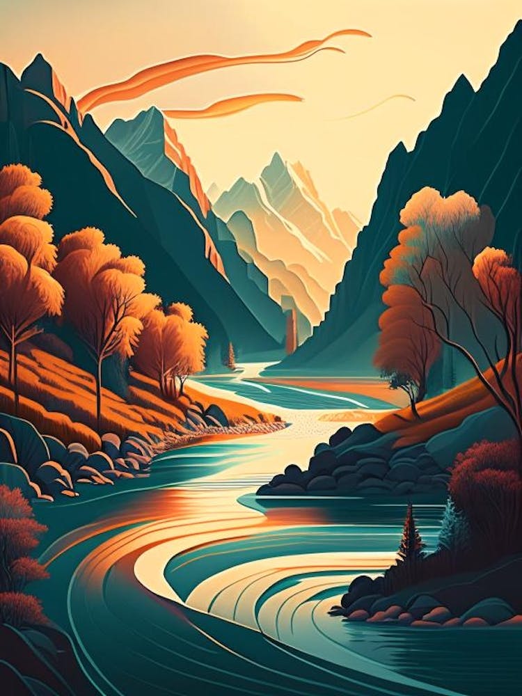 Flussstrom Landschaften Wasserlandschaft Retro-Illustration 1