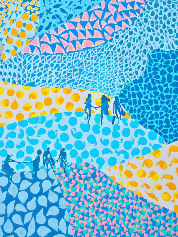 Vibrant Patterned Landscape Print - Abstract Terrain Art with People