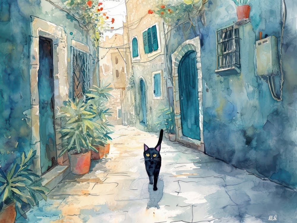Haifa, Israel   Cat In Street Art Watercolour Painting 4
