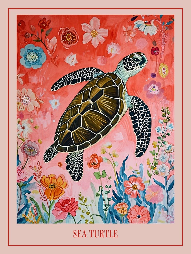 Floral Animal Painting Sea Turtle 1 Poster