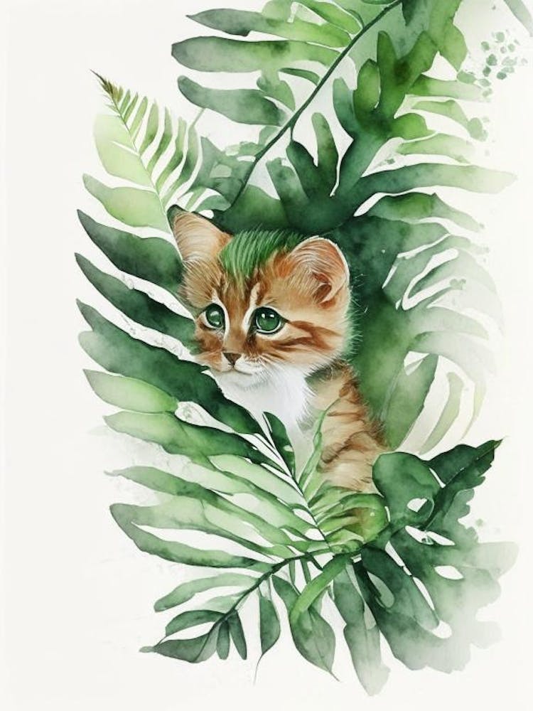 Aquarelle Patte de Chaton Fougère