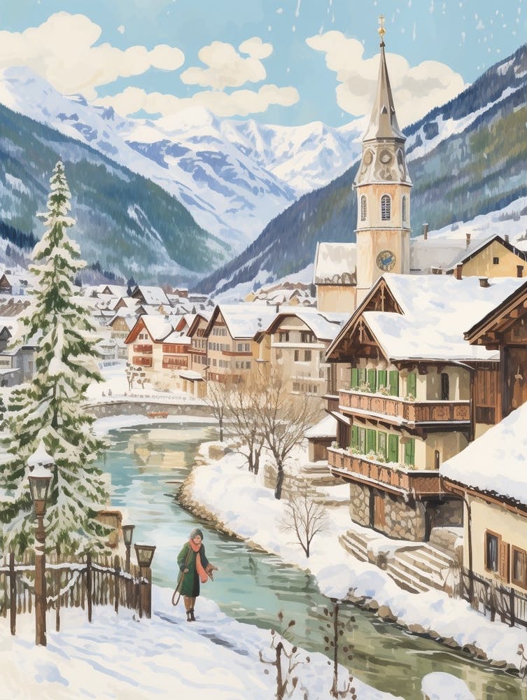 Vintage Winter Illustration Lech Austria 6