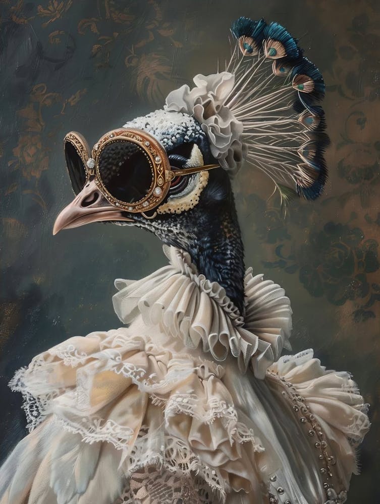 Victorian Animal Portrait, Dressed Animal Print, Royal Lady Peacock Poster, Altered Art, Renaissance Animal Art, Animal Lover Gift