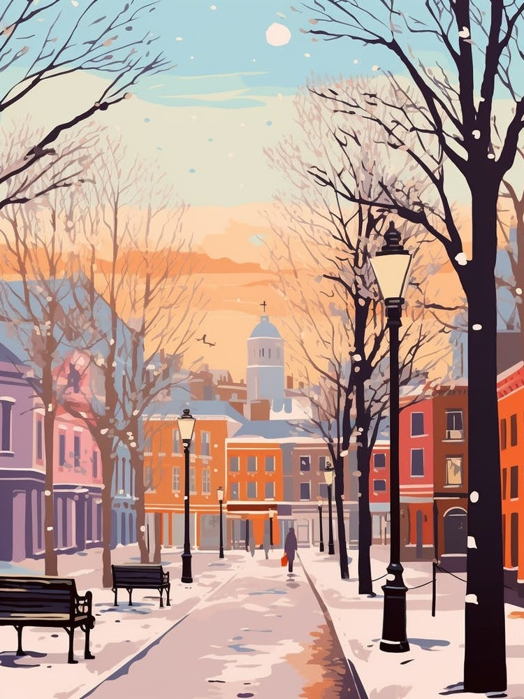 Vintage Winter Travel Illustration Liverpool United Kingdom