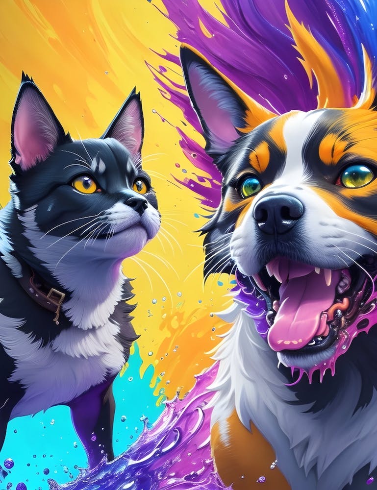Cat and Dog With Colorful Paint