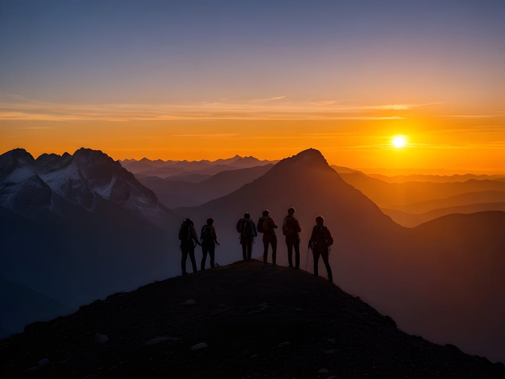 Silhouette Of Hikers At Sunset