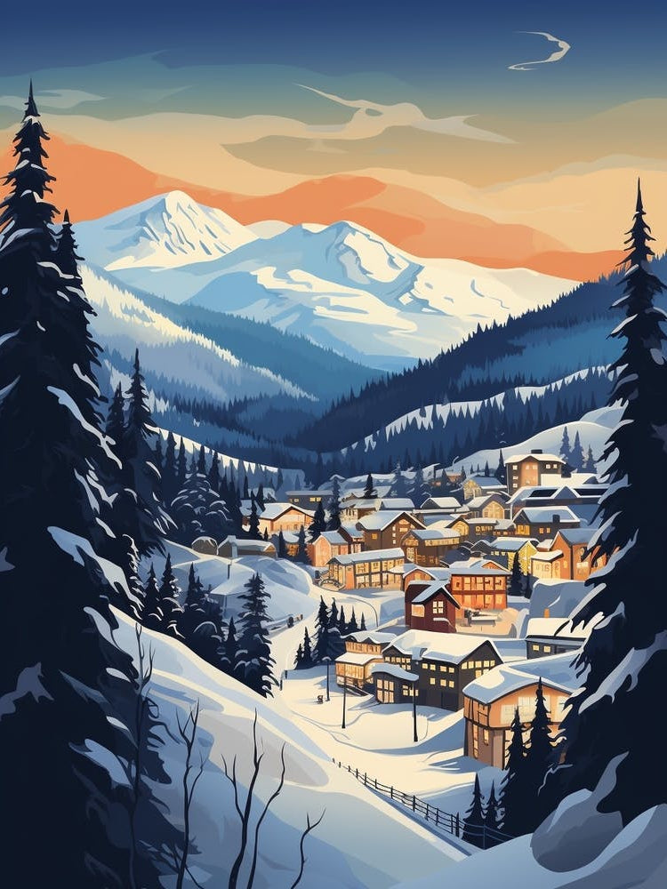 Winter Travel Night Illustration Whistler Canada 1