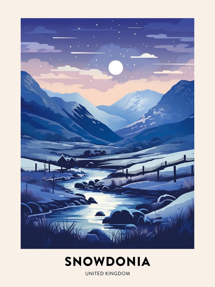 Winter Night  Travel Poster Snowdonia National Park 2