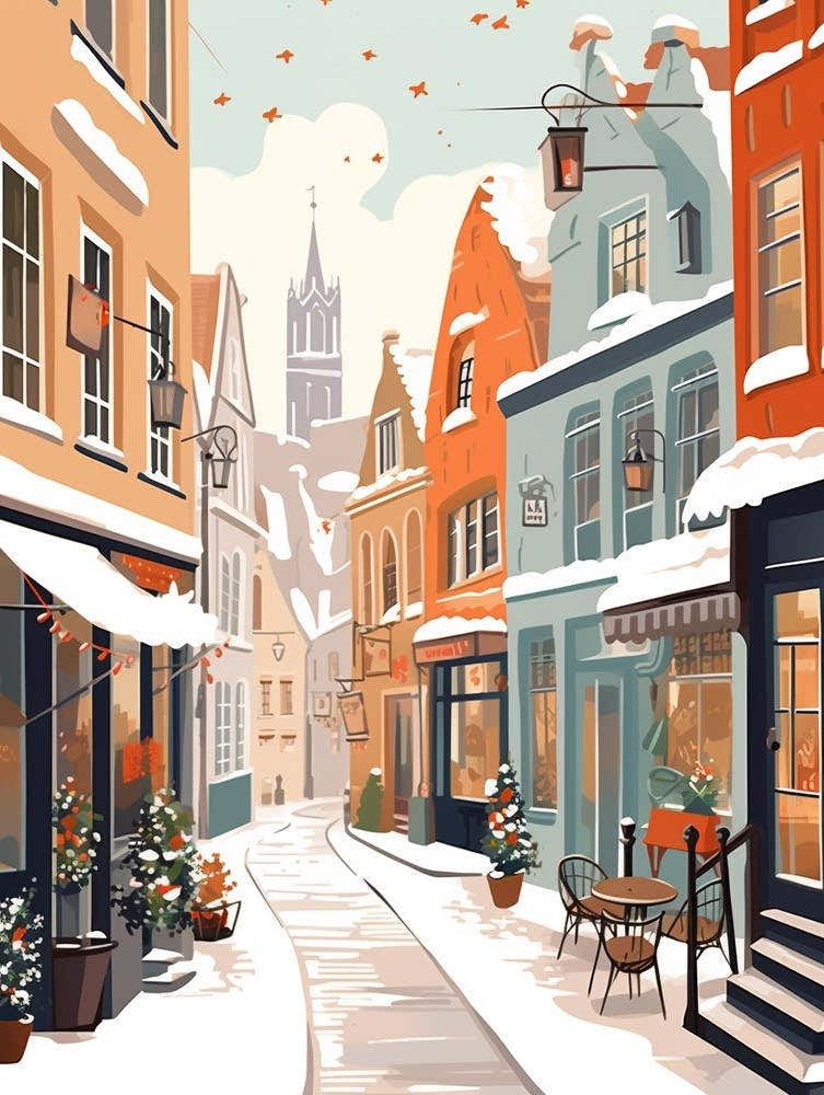 Vintage Winter Travel Illustration Bruges Belgium 3