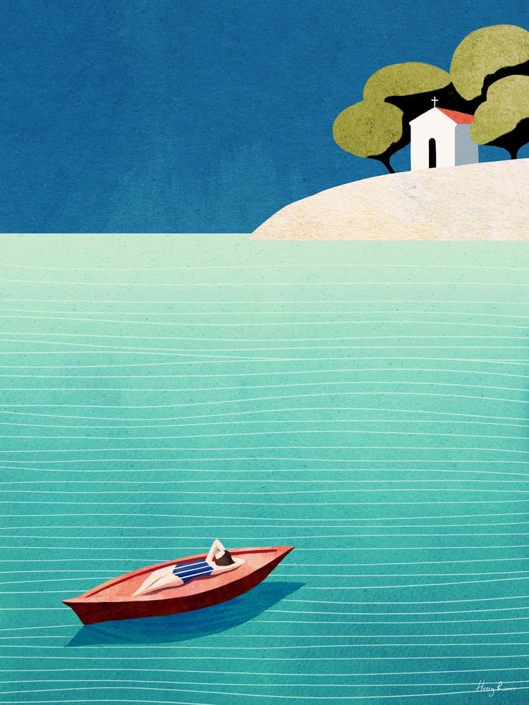 Summer Dream, Girl Sunbathing on Boat, Modern Beach Travel Poster