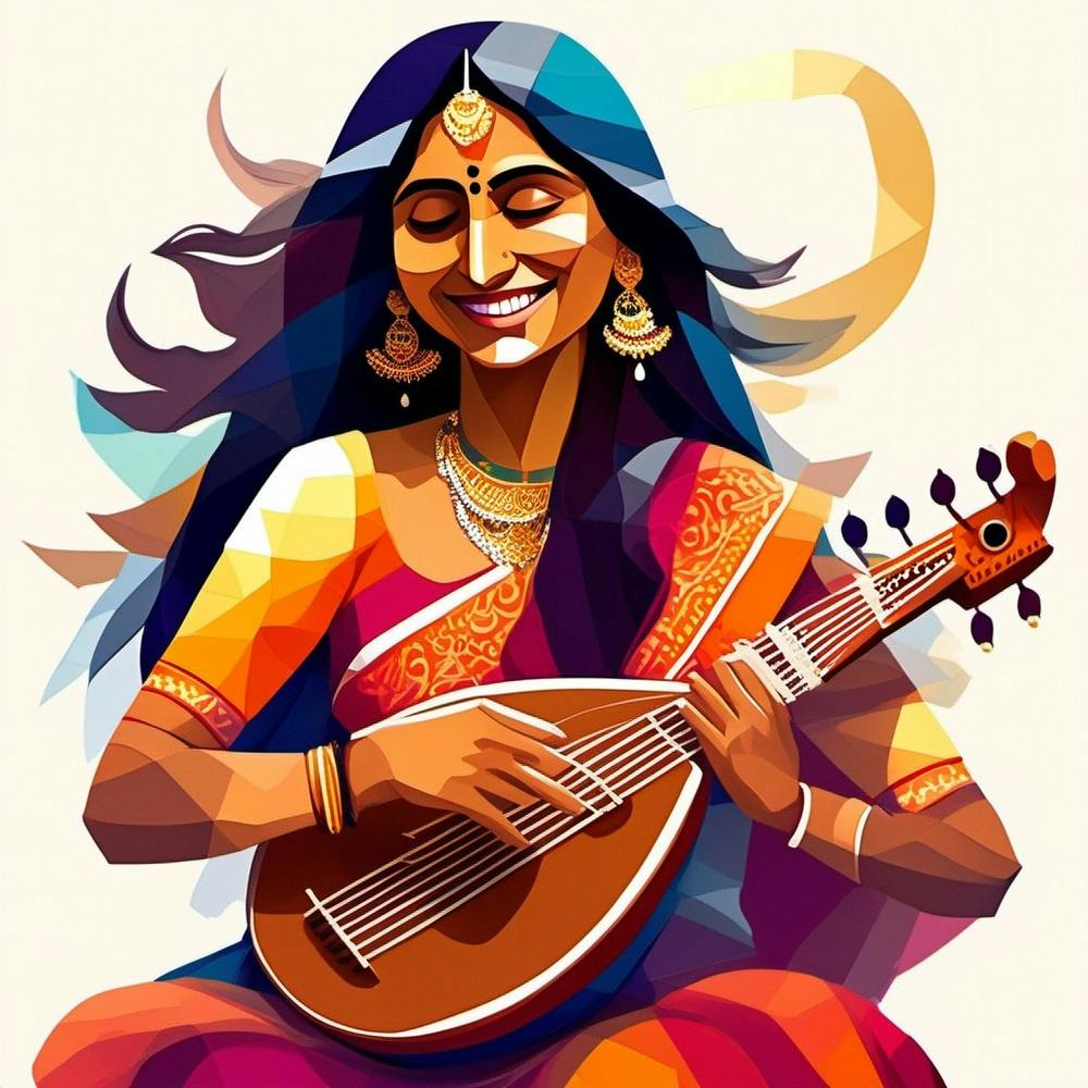 In An Oil Painting The Vibrant Essence Of A Joyous Indian Woman Playing The Sitar With Profound Enthusiasm Is Beautifully Depicted The Artwork Showcases The Woman In Meticulous Detail Exuding Pure 1