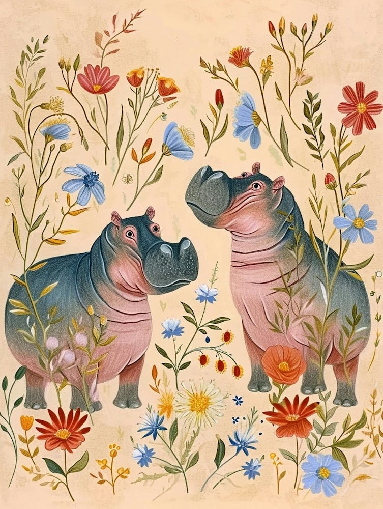 Folksy Floral Animal Drawing Hippo