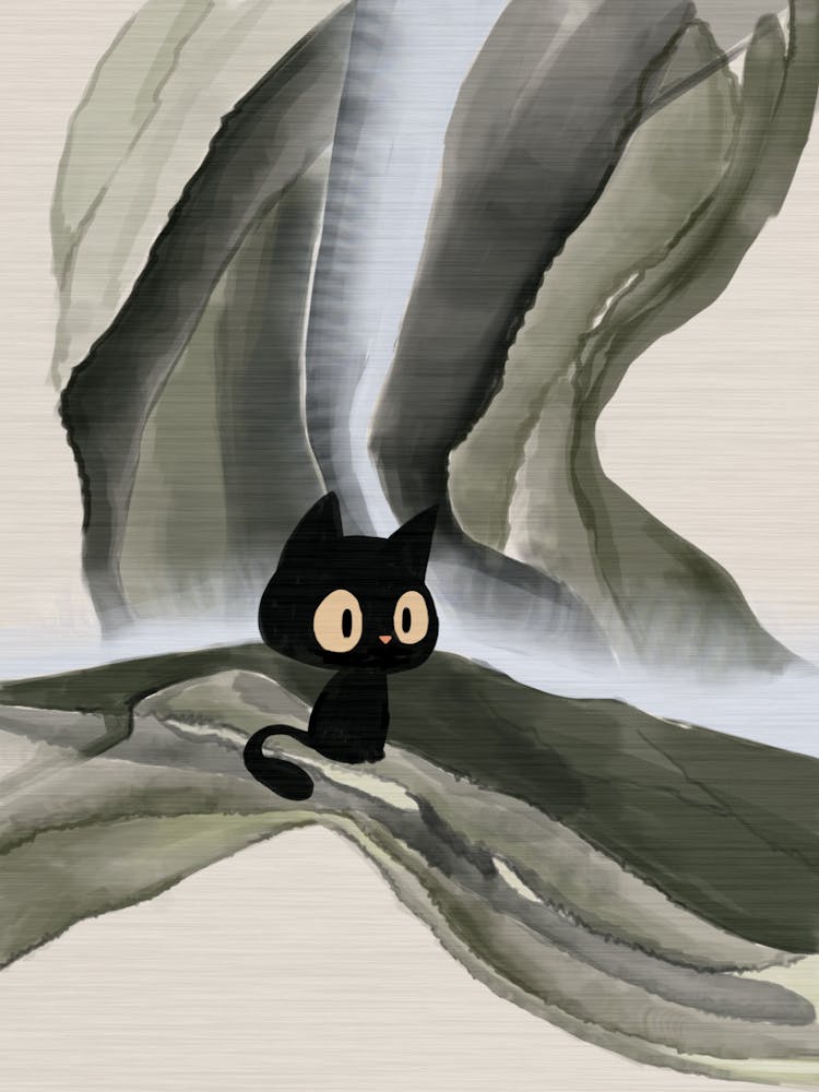 Black Cat With Waterfall