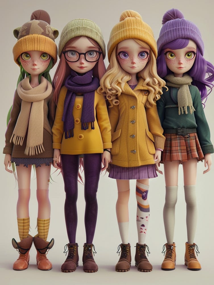 Four Styles Of Cute Mini Girls As They Dressed In Different Kinds Of, In The Style Of Warm And Detached Atmosphere, Light Yellow, Multiple Styles, Cryptid Academia, Thin Texture, Dark Purple, Photography, Full Length Shot, Fro
